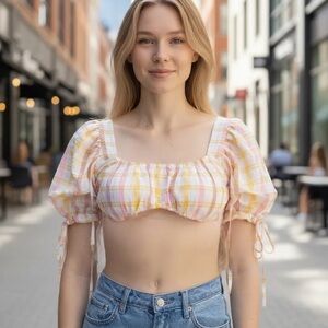 For Love & Lemons Plaid Puff Sleeve Crop Top – XS